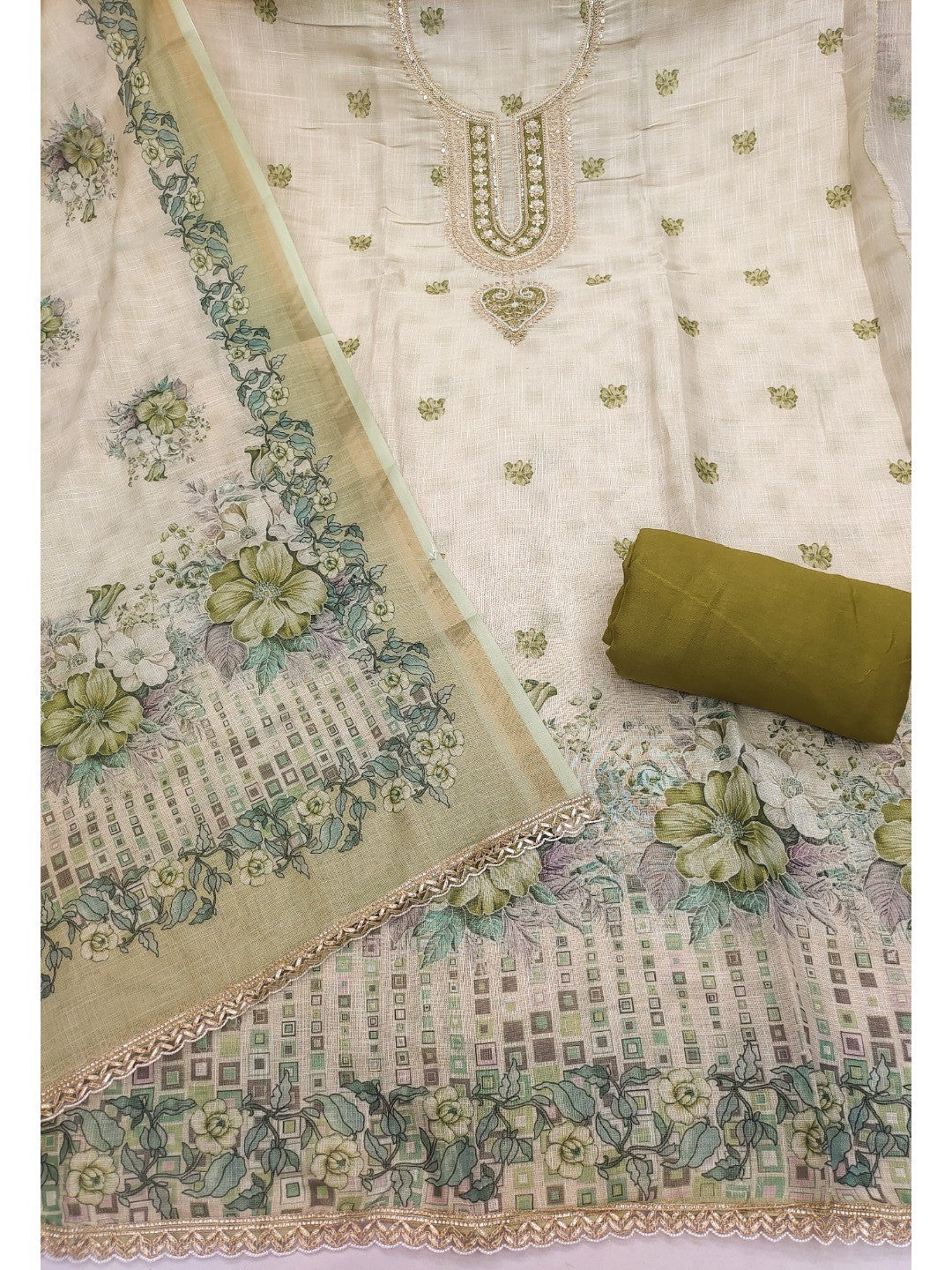 Elegant Beige & Green Linen Dress Material with Floral Printed Dupatta