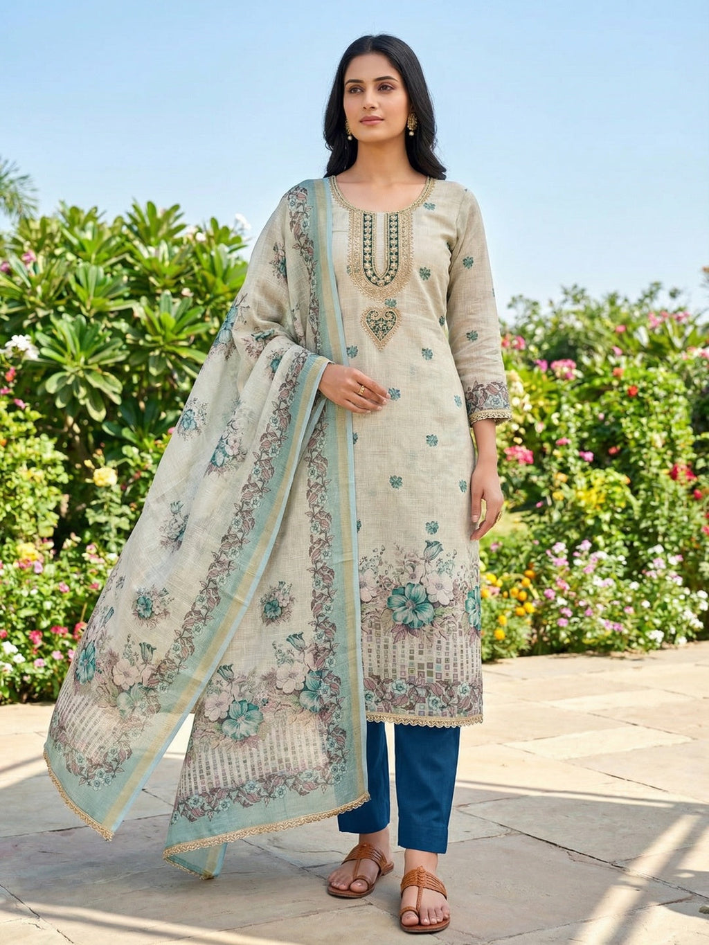 Elegant Beige & Teal Linen Dress Material with Floral Printed Dupatta