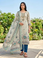 Elegant Beige & Teal Linen Dress Material with Floral Printed Dupatta