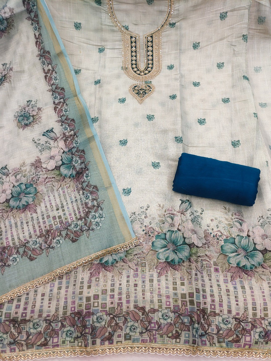 Elegant Beige & Teal Linen Dress Material with Floral Printed Dupatta