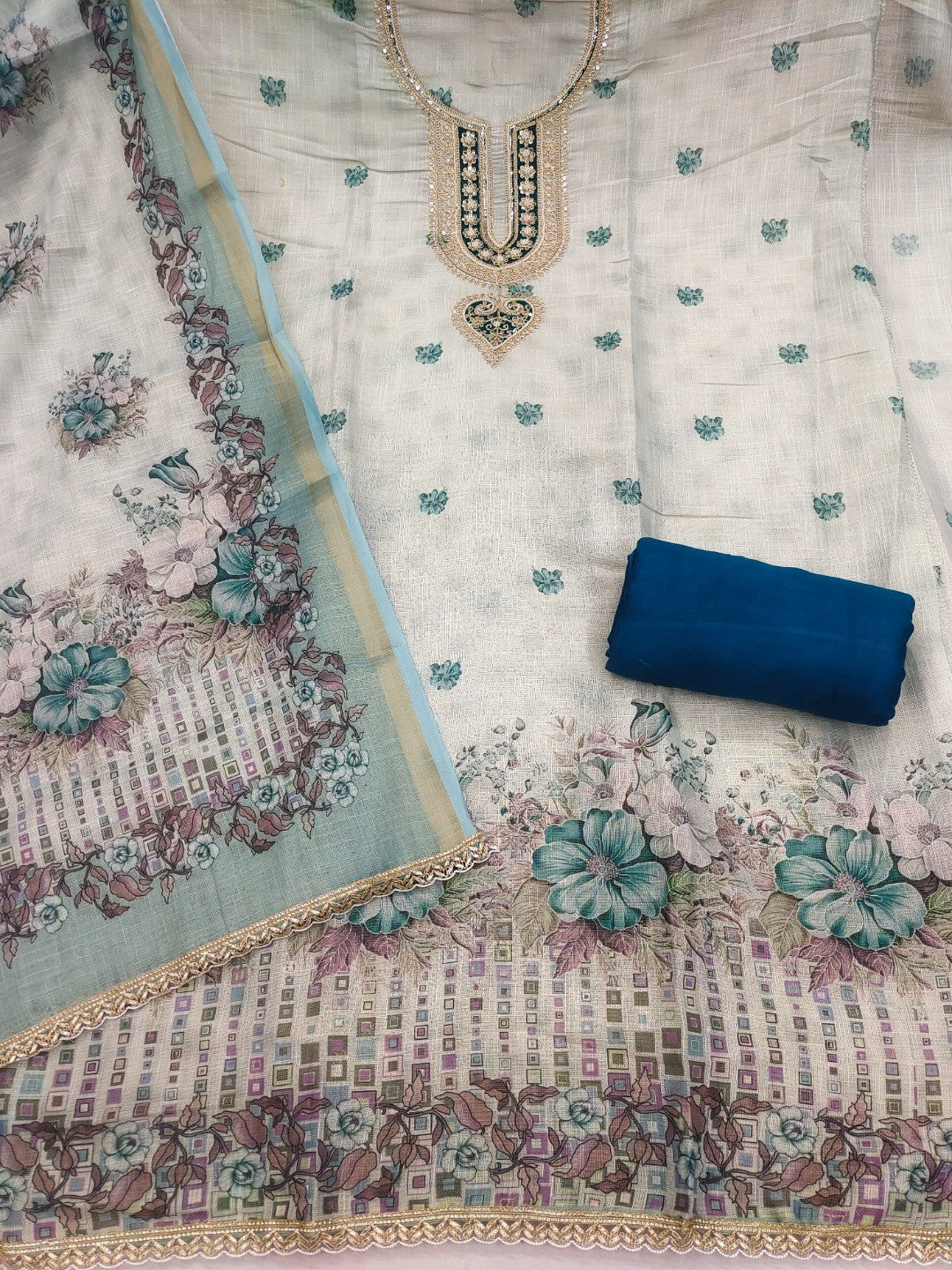 Elegant Beige & Teal Linen Dress Material with Floral Printed Dupatta