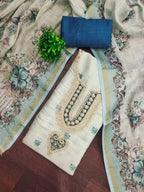 Elegant Beige & Teal Linen Dress Material with Floral Printed Dupatta
