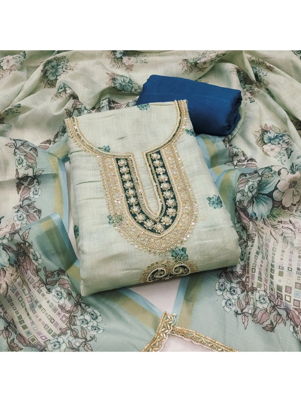Elegant Beige & Teal Linen Dress Material with Floral Printed Dupatta