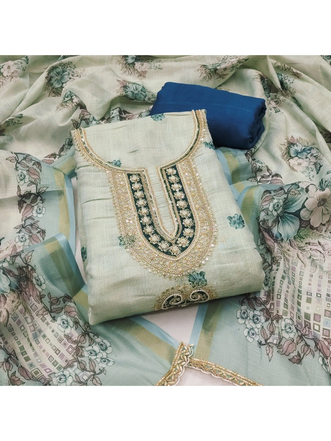Elegant Beige & Teal Linen Dress Material with Floral Printed Dupatta