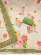 Offwhite & Green Floral Print with Beads Work Linen Unstitched Dress Material