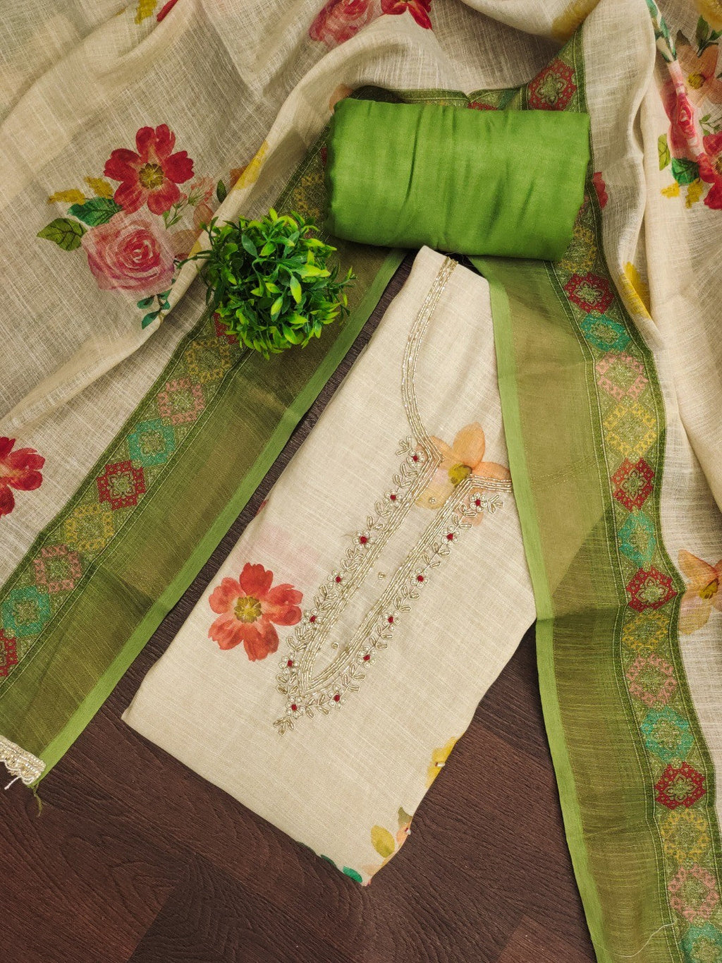 Offwhite & Green Floral Print with Beads Work Linen Unstitched Dress Material