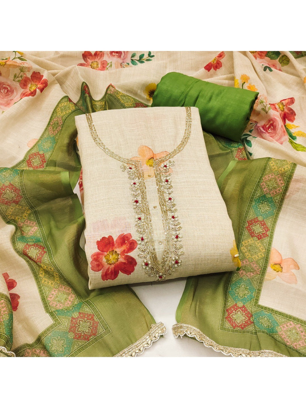 Offwhite & Green Floral Print with Beads Work Linen Unstitched Dress Material