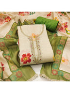Offwhite & Green Floral Print with Beads Work Linen Unstitched Dress Material