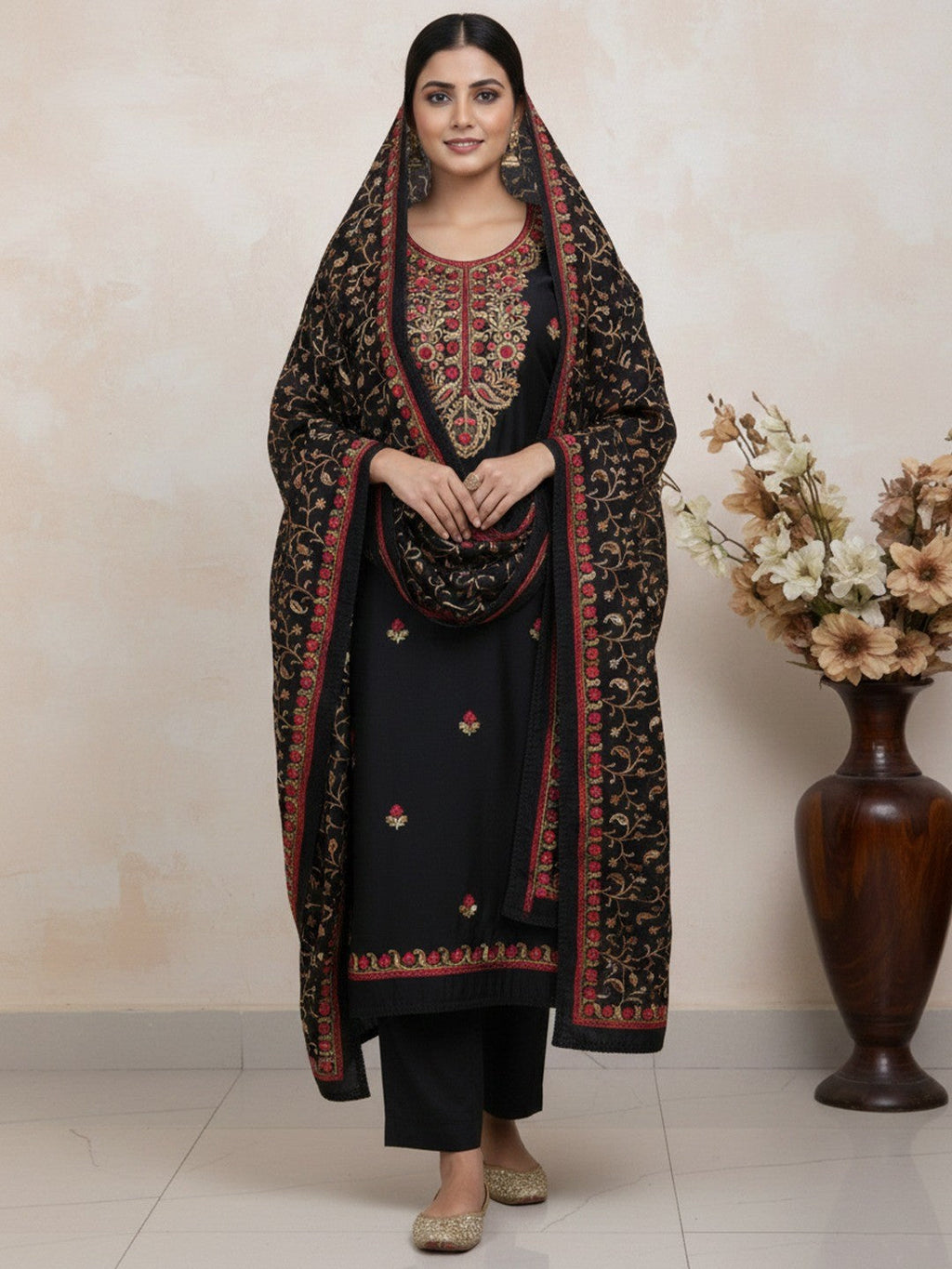 Ethnic Black Roman Art Silk Dress Material Highlighted With Floral & Paisley Thread Embroidery
