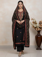 Ethnic Black Roman Art Silk Dress Material Highlighted With Floral & Paisley Thread Embroidery
