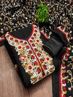 Ethnic Black Roman Art Silk Dress Material Highlighted With Floral & Paisley Thread Embroidery