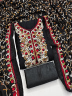 Ethnic Black Roman Art Silk Dress Material Highlighted With Floral & Paisley Thread Embroidery