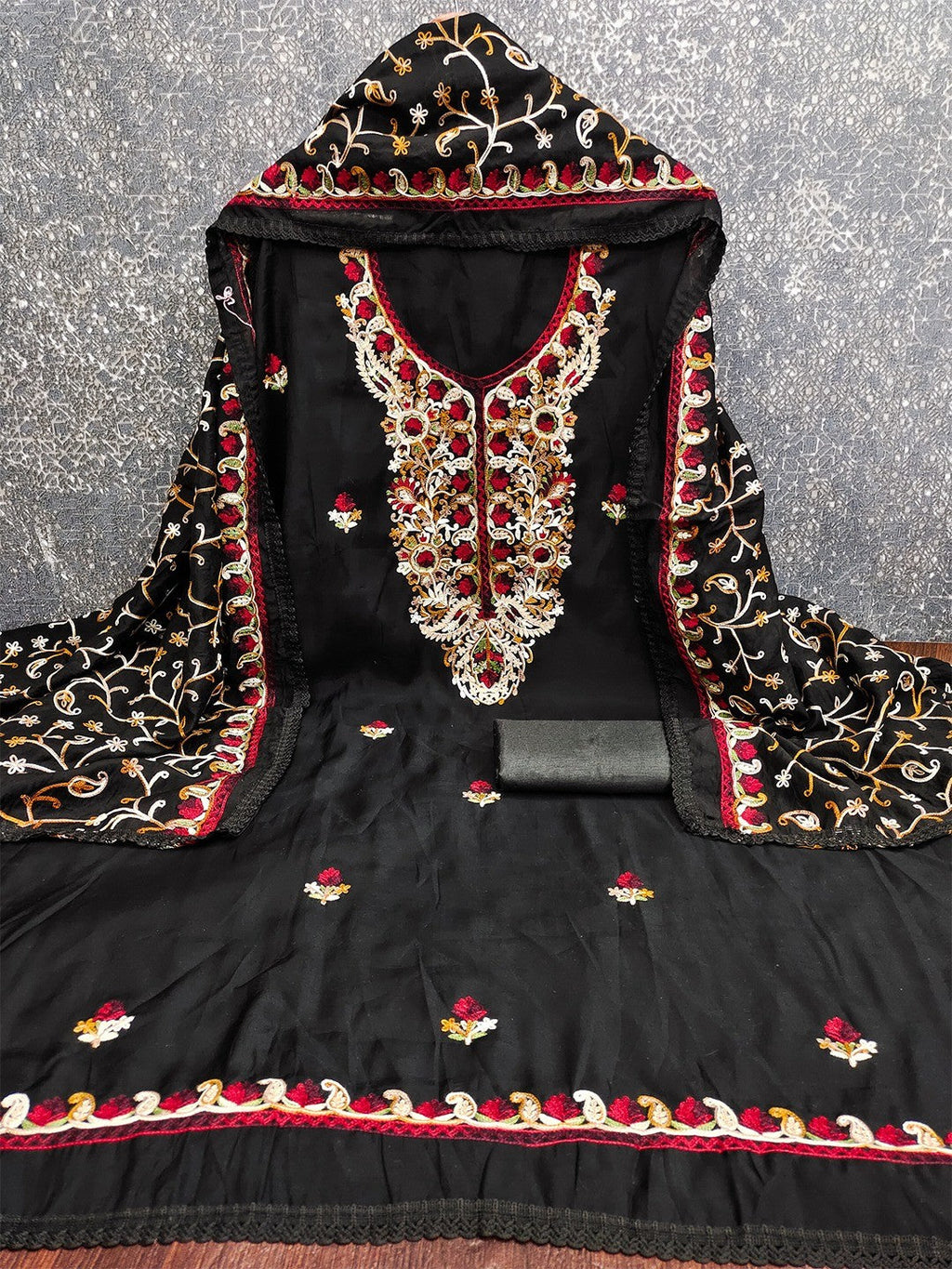 Ethnic Black Roman Art Silk Dress Material Highlighted With Floral & Paisley Thread Embroidery