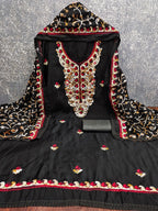 Ethnic Black Roman Art Silk Dress Material Highlighted With Floral & Paisley Thread Embroidery