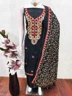 Ethnic Black Roman Art Silk Dress Material Highlighted With Floral & Paisley Thread Embroidery