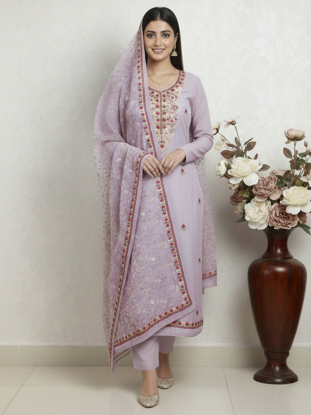 Ethnic Lavender Roman Art Silk Dress Material Highlighted With Floral & Paisley Thread Embroidery