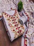 Ethnic Lavender Roman Art Silk Dress Material Highlighted With Floral & Paisley Thread Embroidery