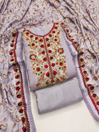 Ethnic Lavender Roman Art Silk Dress Material Highlighted With Floral & Paisley Thread Embroidery