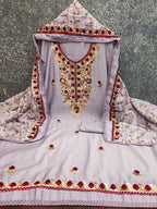 Ethnic Lavender Roman Art Silk Dress Material Highlighted With Floral & Paisley Thread Embroidery