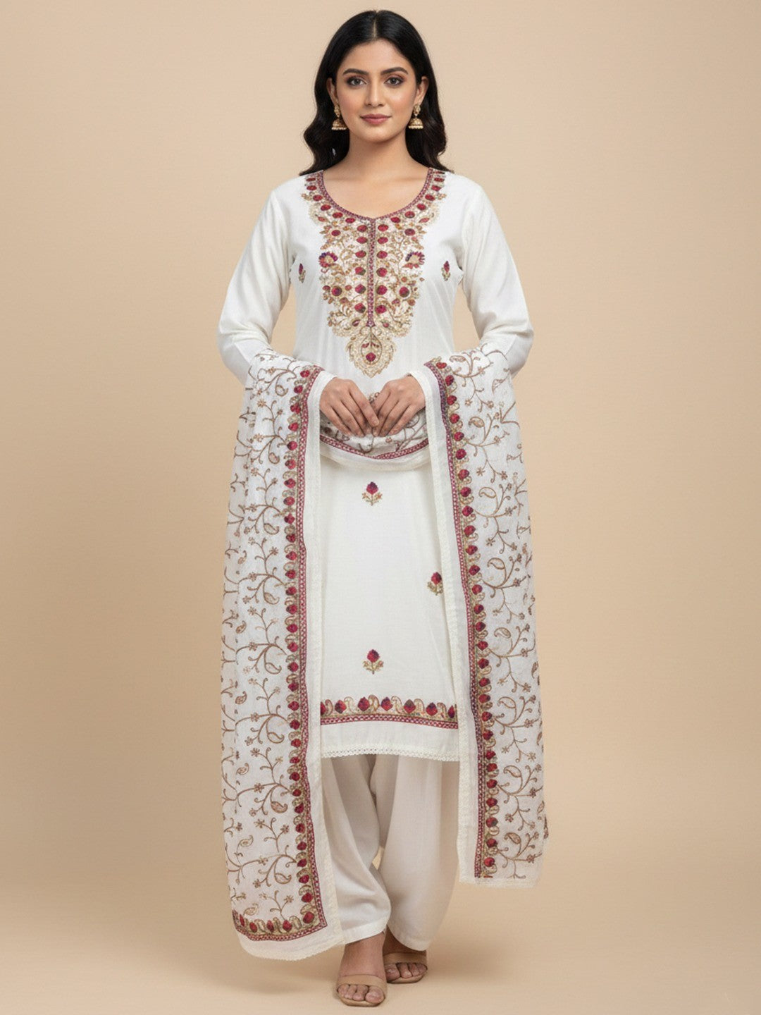 Ethnic Offwhite Roman Art Silk Dress Material Highlighted With Floral & Paisley Thread Embroidery