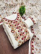 Ethnic Offwhite Roman Art Silk Dress Material Highlighted With Floral & Paisley Thread Embroidery