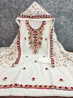 Ethnic Offwhite Roman Art Silk Dress Material Highlighted With Floral & Paisley Thread Embroidery