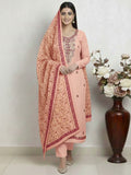 Ethnic Peach Roman Art Silk Dress Material Highlighted With Floral & Paisley Thread Embroidery