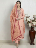 Ethnic Peach Roman Art Silk Dress Material Highlighted With Floral & Paisley Thread Embroidery