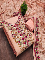 Ethnic Peach Roman Art Silk Dress Material Highlighted With Floral & Paisley Thread Embroidery
