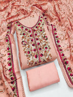 Ethnic Peach Roman Art Silk Dress Material Highlighted With Floral & Paisley Thread Embroidery