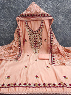 Ethnic Peach Roman Art Silk Dress Material Highlighted With Floral & Paisley Thread Embroidery