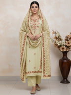 Ethnic Pista Green Roman Art Silk Dress Material Highlighted With Floral & Paisley Thread Embroidery