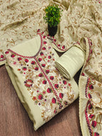 Ethnic Pista Green Roman Art Silk Dress Material Highlighted With Floral & Paisley Thread Embroidery