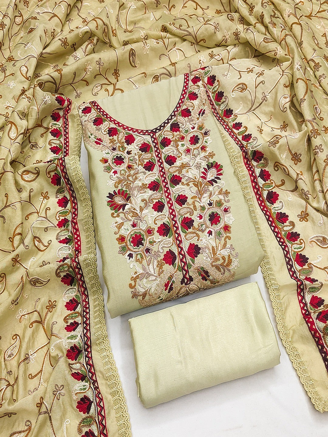 Ethnic Pista Green Roman Art Silk Dress Material Highlighted With Floral & Paisley Thread Embroidery