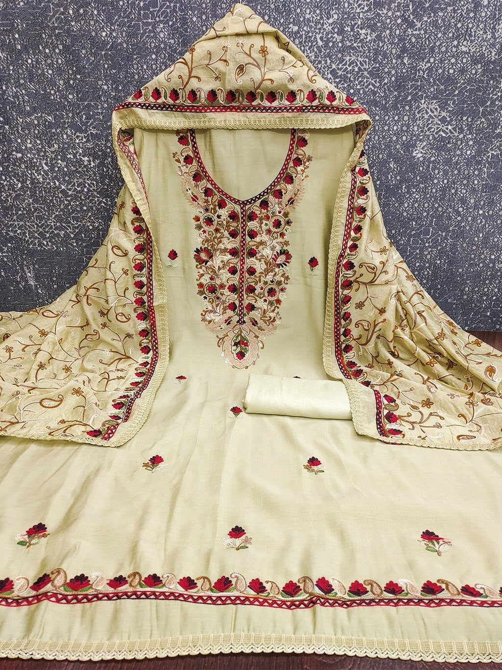 Ethnic Pista Green Roman Art Silk Dress Material Highlighted With Floral & Paisley Thread Embroidery