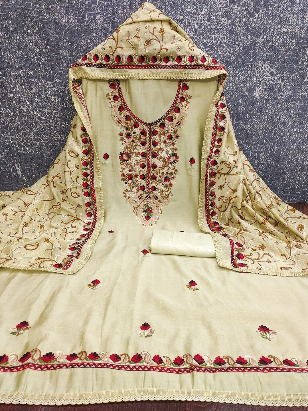 Ethnic Pista Green Roman Art Silk Dress Material Highlighted With Floral & Paisley Thread Embroidery