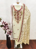 Ethnic Pista Green Roman Art Silk Dress Material Highlighted With Floral & Paisley Thread Embroidery
