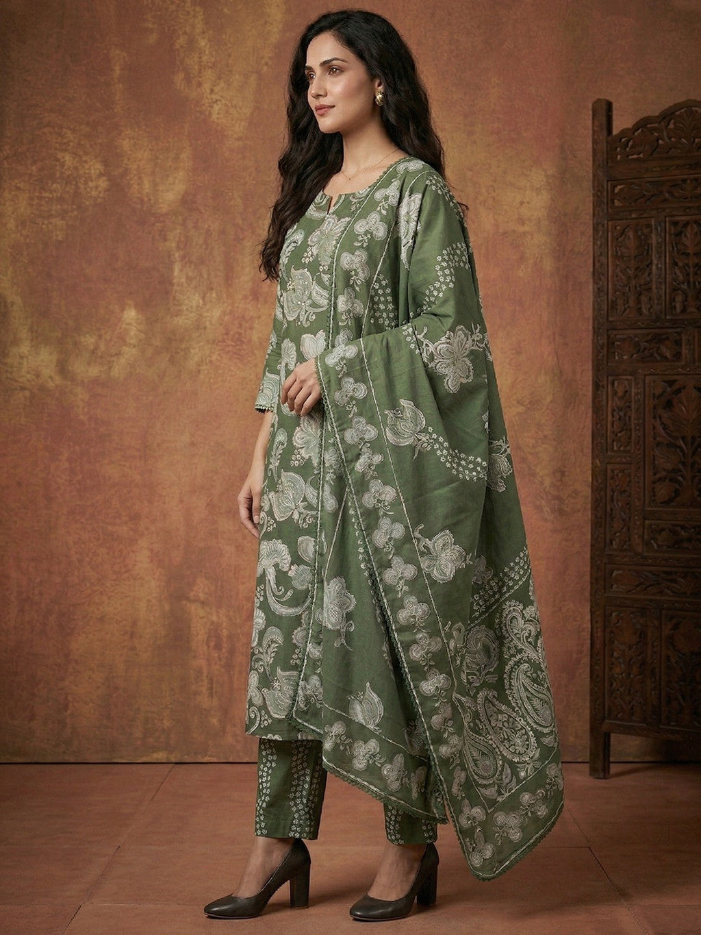 Green Floral Print Pure Cotton Kurta Salwar Dupatta Set with Elegant Design