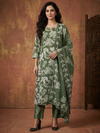 Green Floral Print Pure Cotton Kurta Salwar Dupatta Set with Elegant Design