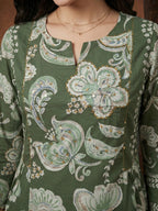 Green Floral Print Pure Cotton Kurta Salwar Dupatta Set with Elegant Design