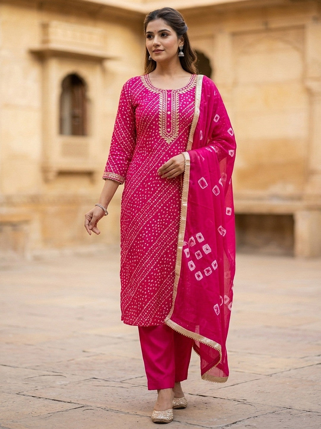 Elegant Pink Bandhani Print Pure Cotton Dress Material with Dupatta