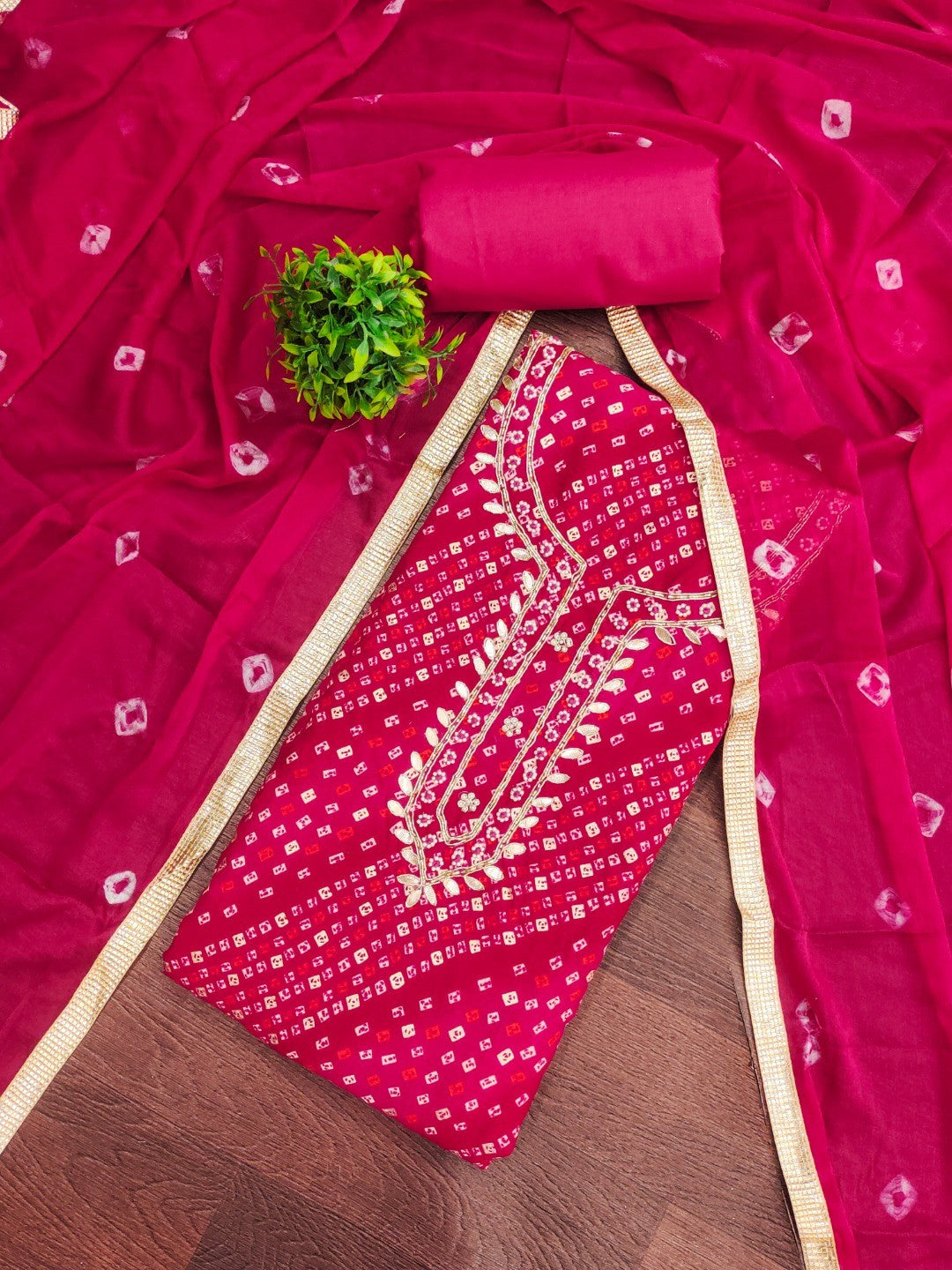 Elegant Pink Bandhani Print Pure Cotton Dress Material with Dupatta