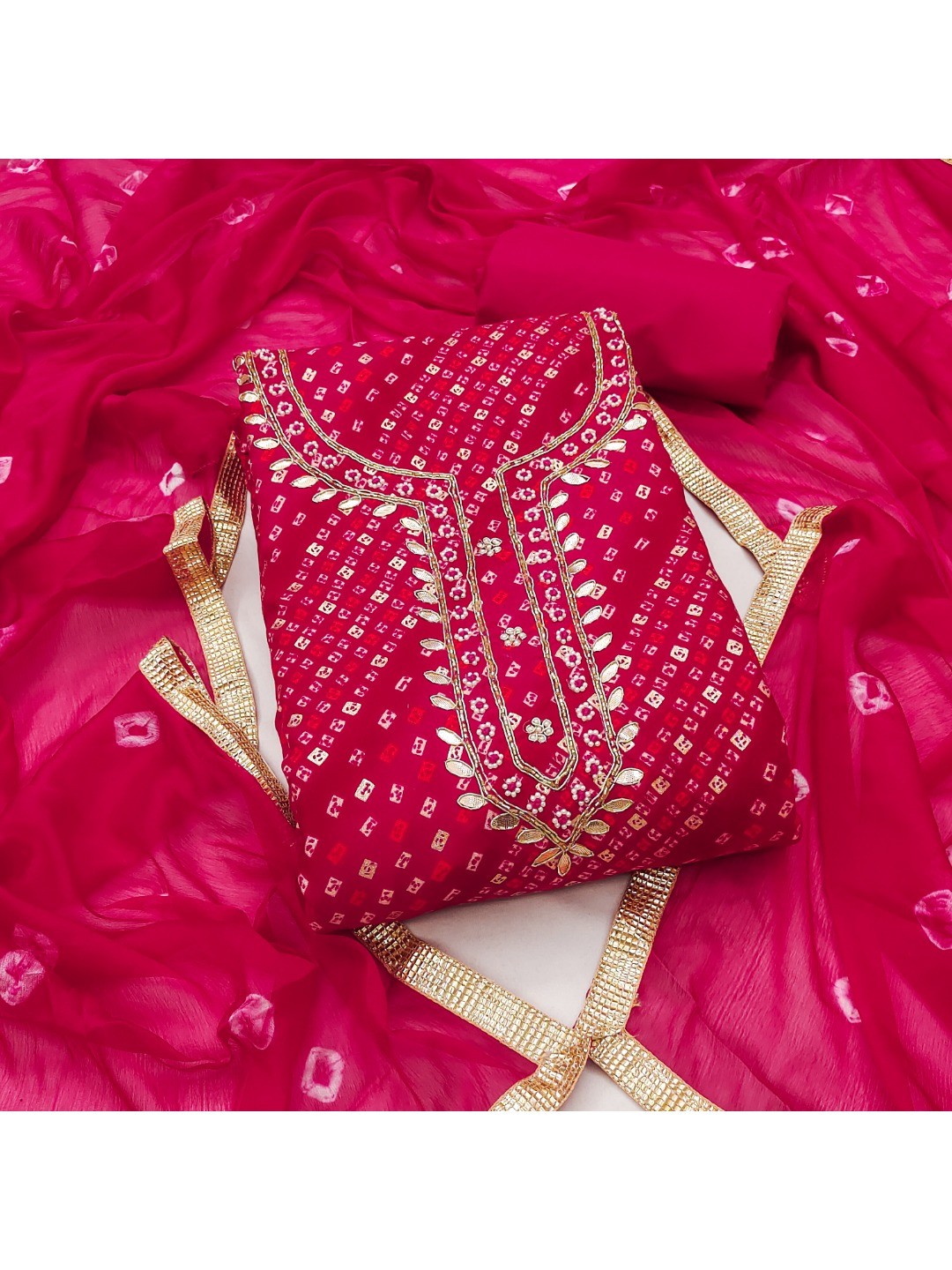 Elegant Pink Bandhani Print Pure Cotton Dress Material with Dupatta