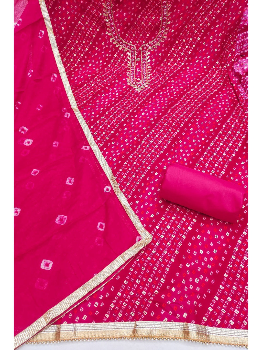 Elegant Pink Bandhani Print Pure Cotton Dress Material with Dupatta