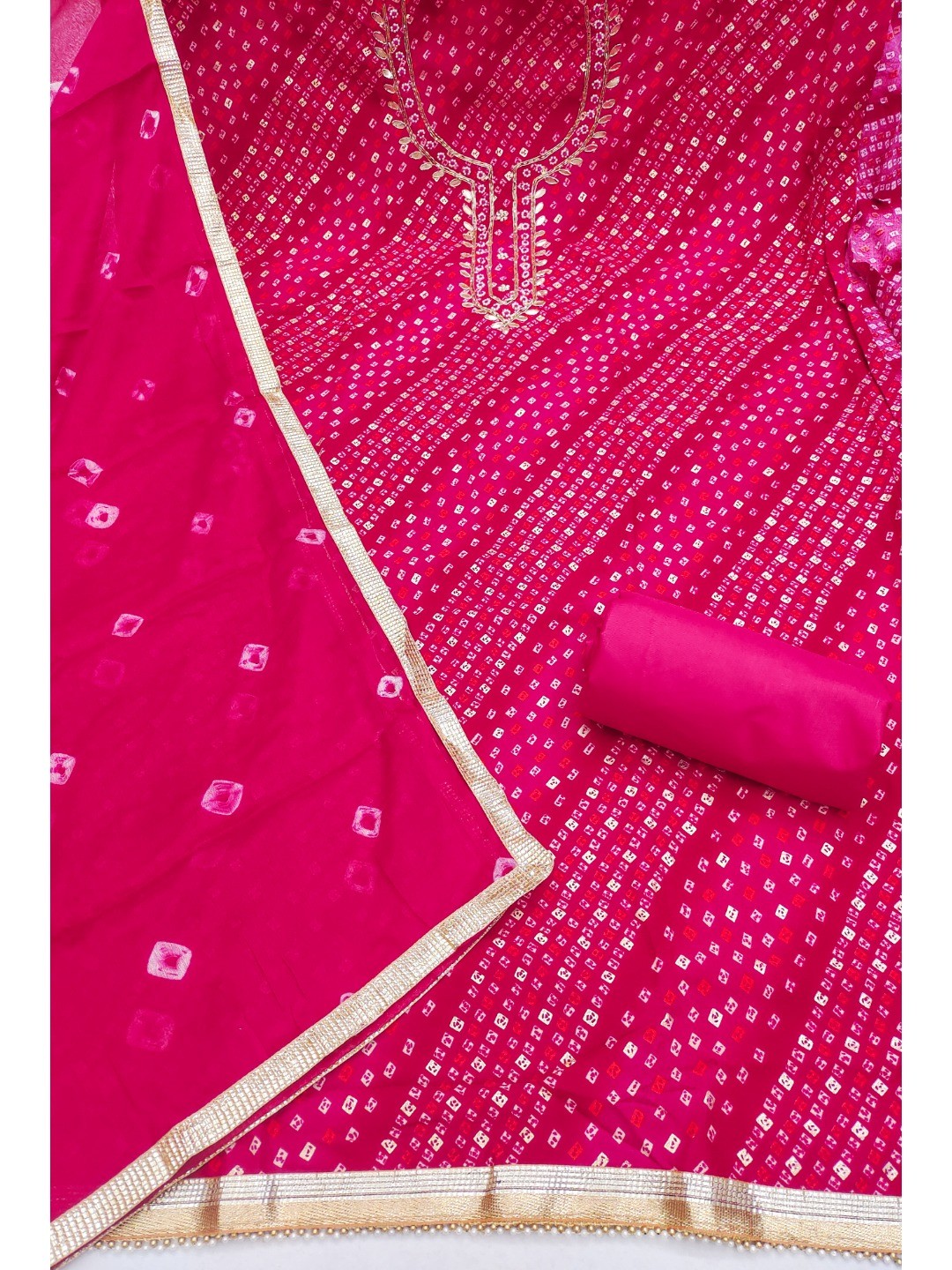 Elegant Pink Bandhani Print Pure Cotton Dress Material with Dupatta