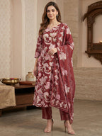 Rust Floral Print Pure Cotton Kurta Salwar Dupatta Set with Elegant Design