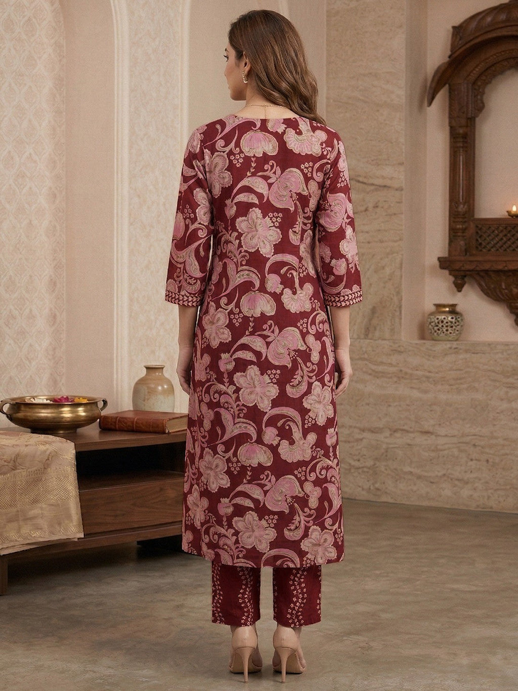 Rust Floral Print Pure Cotton Kurta Salwar Dupatta Set with Elegant Design