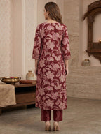 Rust Floral Print Pure Cotton Kurta Salwar Dupatta Set with Elegant Design