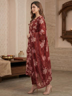 Rust Floral Print Pure Cotton Kurta Salwar Dupatta Set with Elegant Design