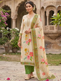 Offwhite & Green Floral Print with Beads Work Linen Unstitched Dress Material
